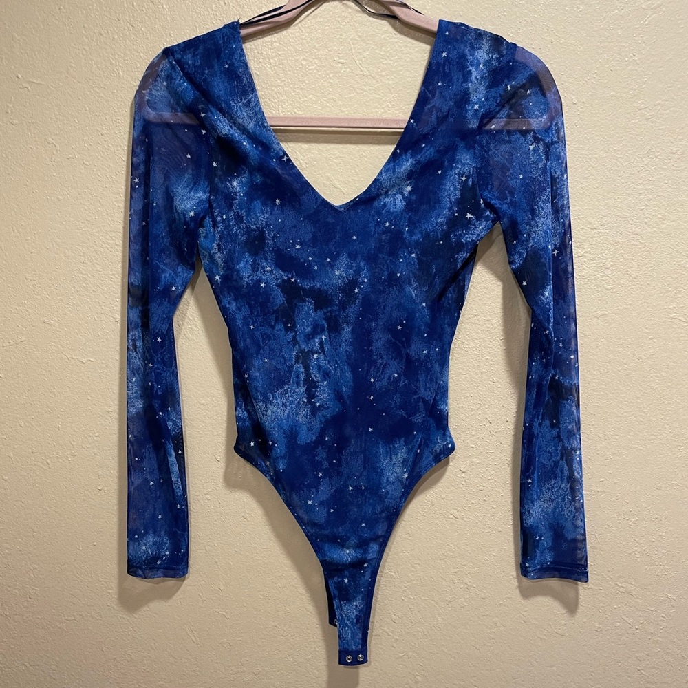 Socialite. Blue Celestial Bodysuit. Women's. Size XSmall. Sheer. Galaxy Print.